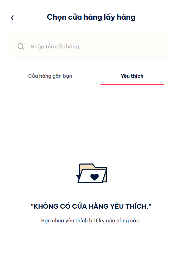App test - tab cửa hàng yêu thích rỗng