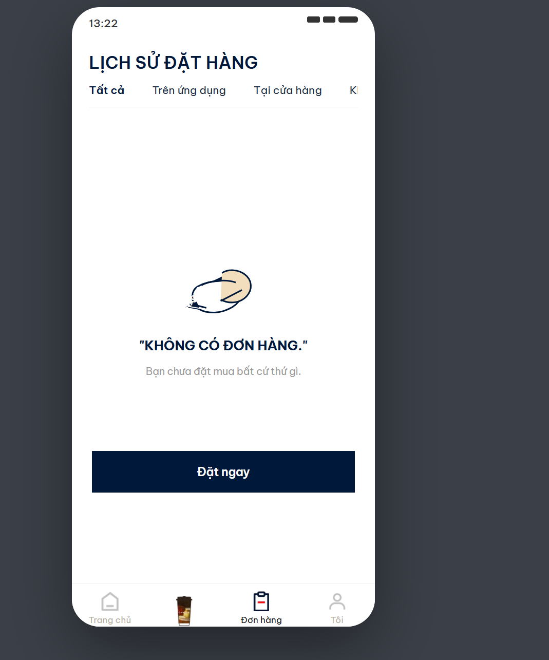 App test - tab Đơn hàng không có đơn hàng