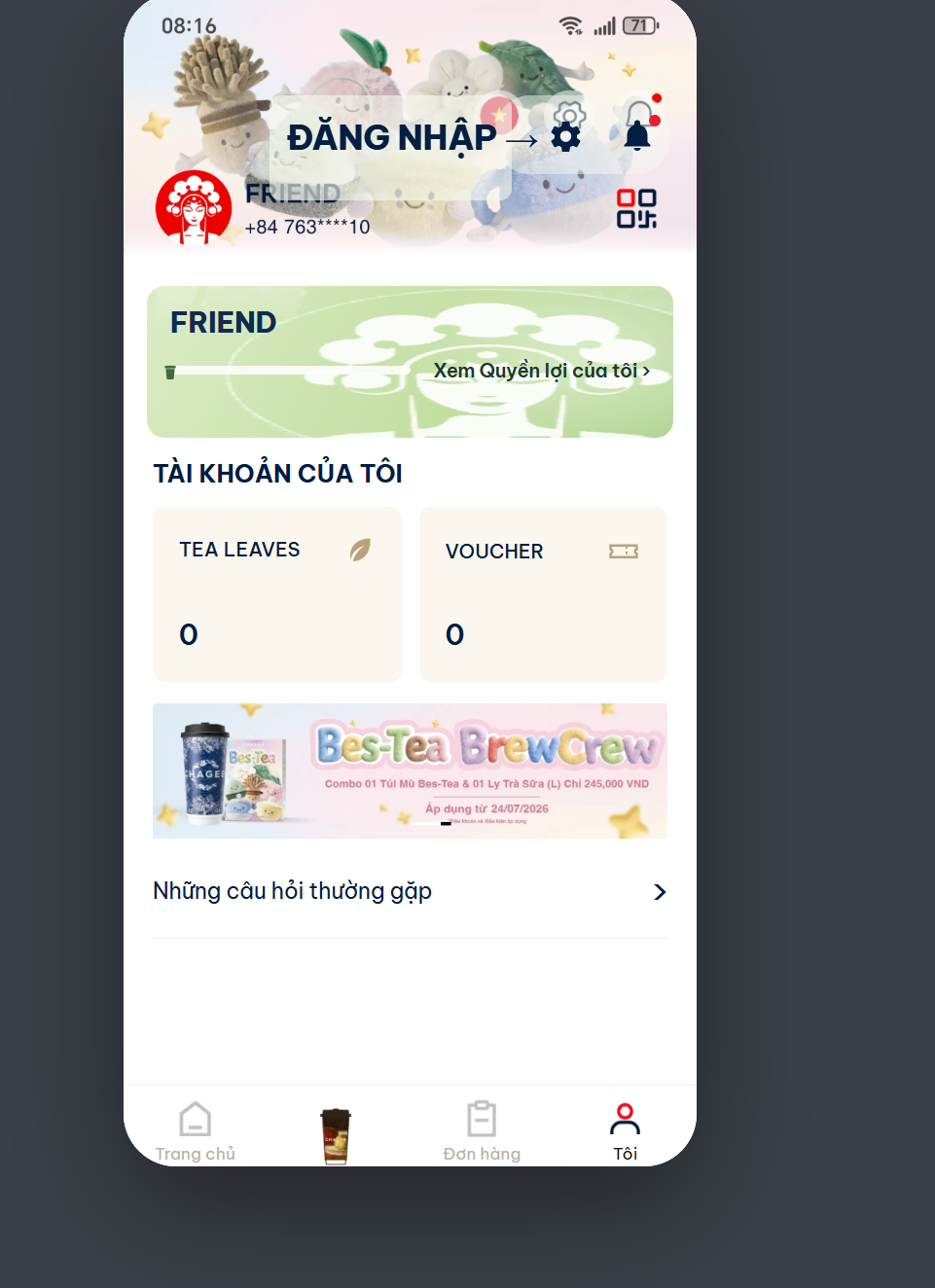 App test - Tab Tôi sau đăng nhập