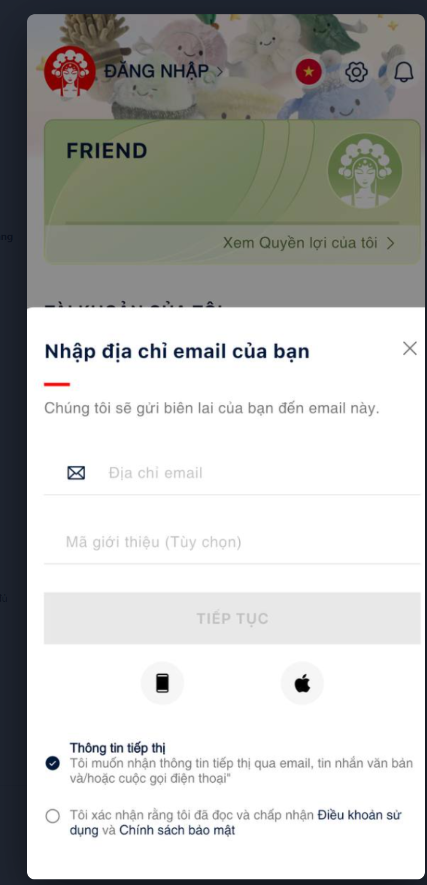 Yêu cầu - sheet Nhập địa chỉ email khi nhấn Cài đặt lúc chưa đăng nhập
