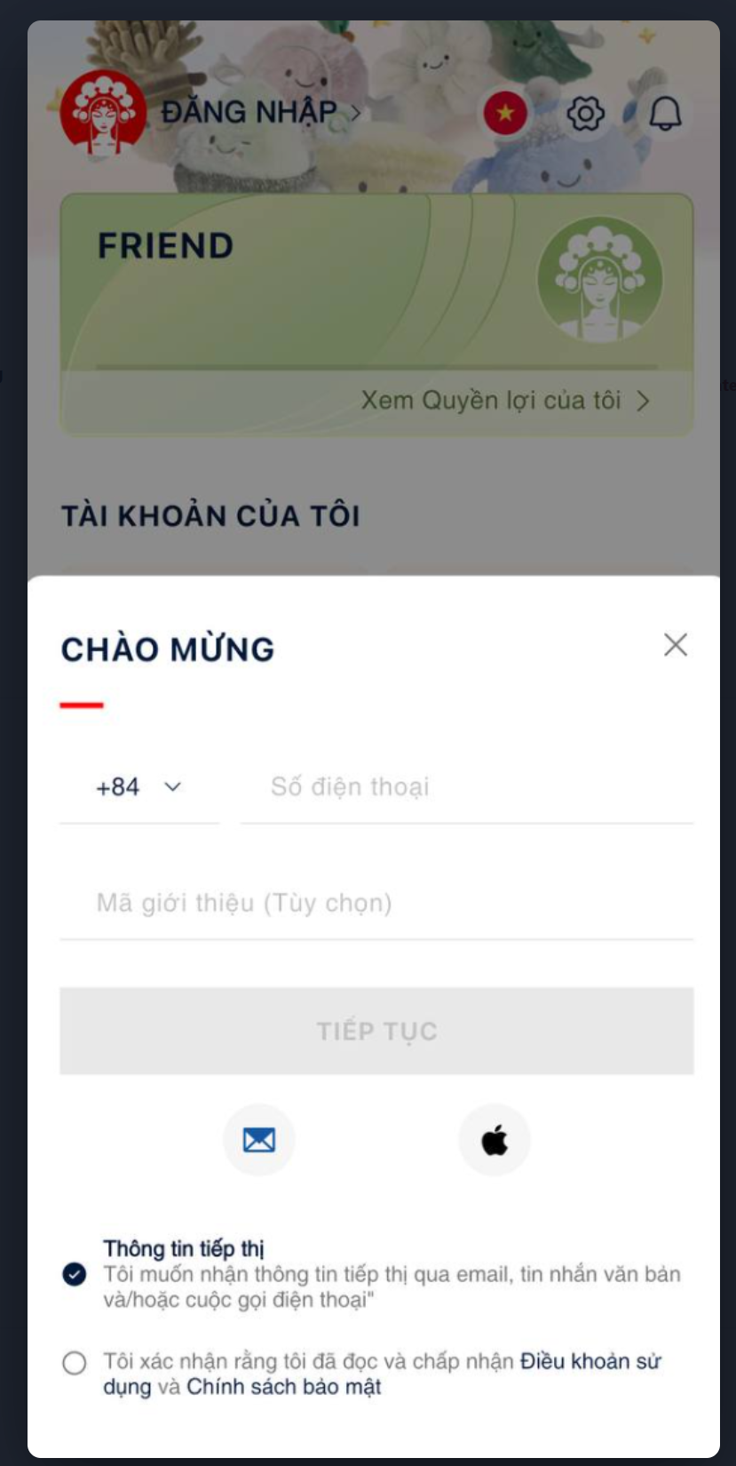 Yêu cầu - sheet CHÀO MỪNG khi nhấn Cài đặt lúc chưa đăng nhập