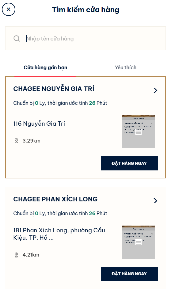 Lỗi - nhấn tìm kiếm hiện danh sách cửa hàng kèm nút Đặt hàng ngay