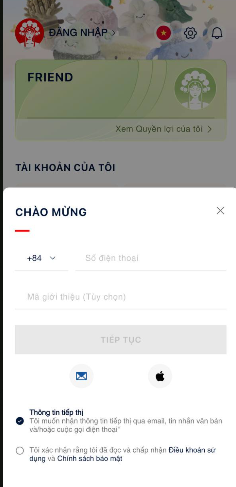 Yêu cầu - sheet CHÀO MỪNG là màn đầu tiên khi vào tab Tôi