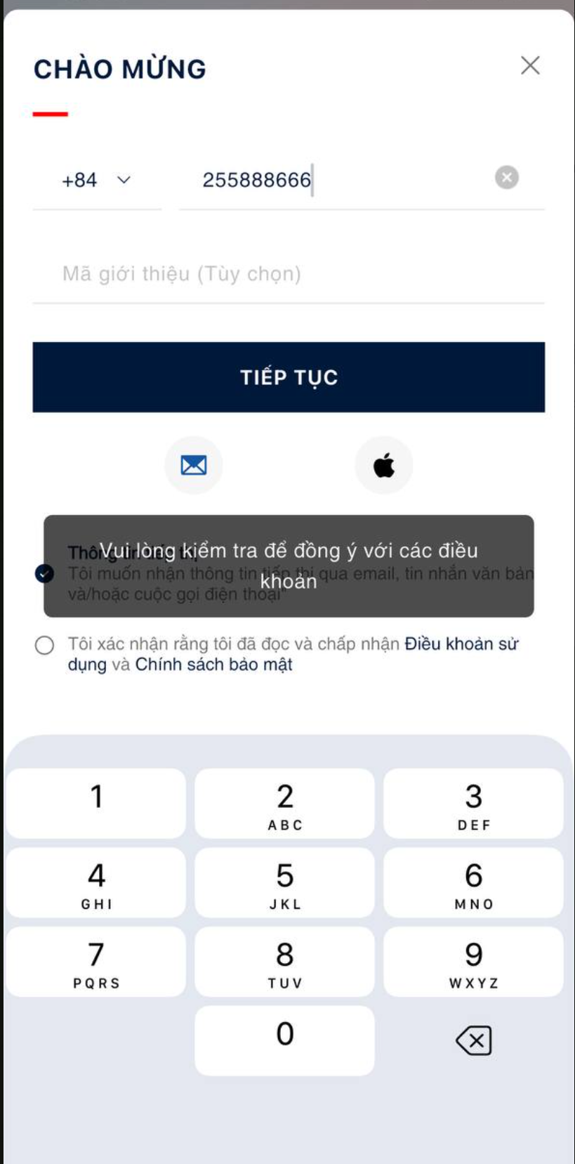 Yêu cầu - thông báo Vui lòng kiểm tra để đồng ý với các điều khoản
