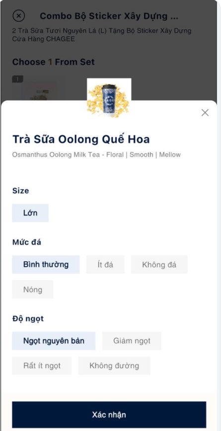 Yêu cầu - sheet chọn biến thể chỉ có nút Xác nhận