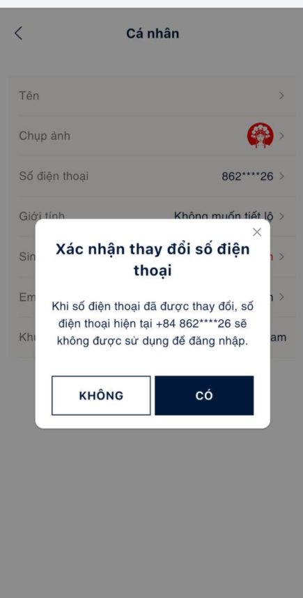 Popup Xác nhận thay đổi số điện thoại