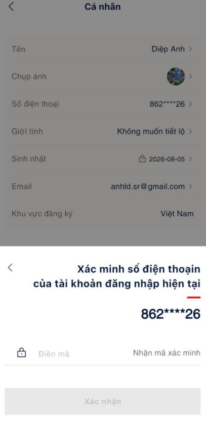 Xác minh số điện thoại của tài khoản hiện tại