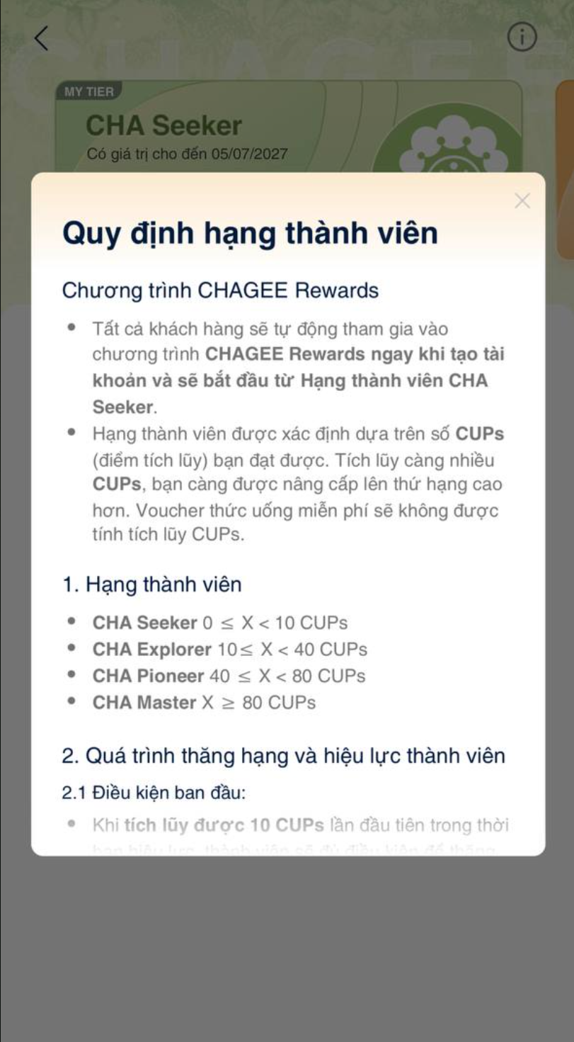Popup Quy định hạng thành viên - CHAGEE Rewards