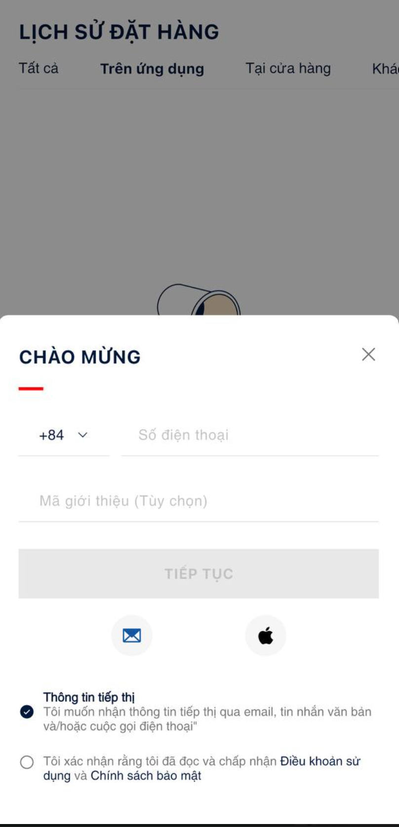 Trên ứng dụng · gợi ý đăng nhập SĐT