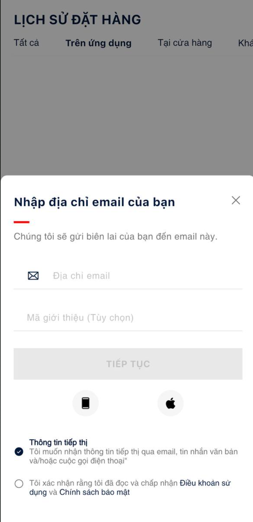 Trên ứng dụng · gợi ý đăng nhập email