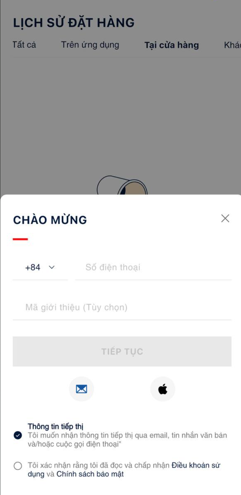 Tại cửa hàng · gợi ý đăng nhập SĐT