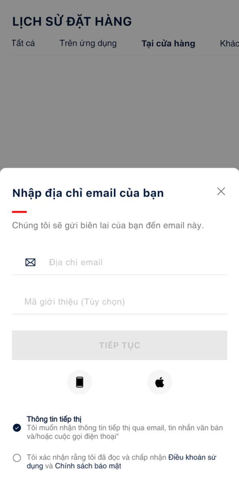 Tại cửa hàng · gợi ý đăng nhập email