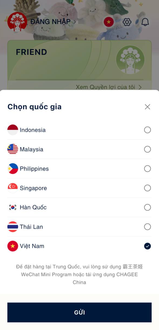 CHAGEE - chọn quốc gia từ icon quốc kỳ