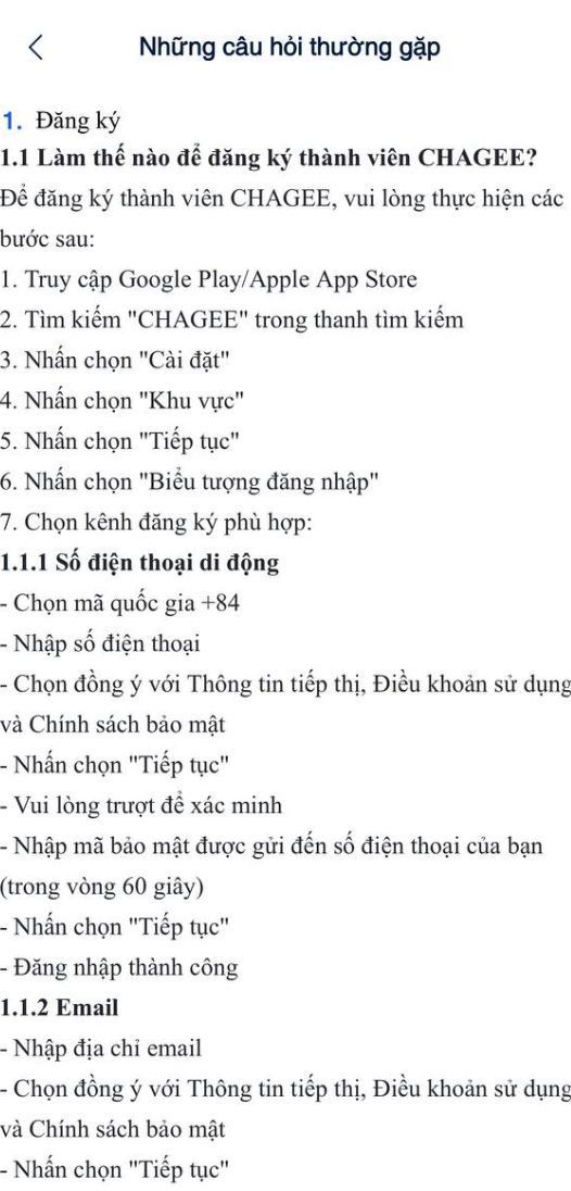 CHAGEE - FAQ từ tab Tôi