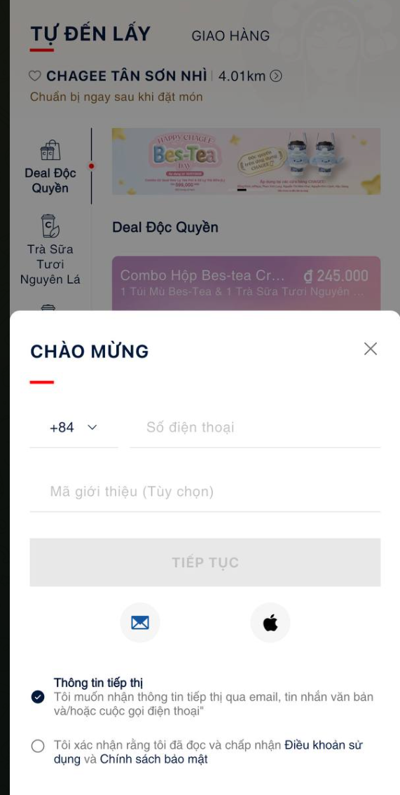 Menu tự đến lấy - gợi ý đăng nhập bằng SĐT khi nhấn trái tim