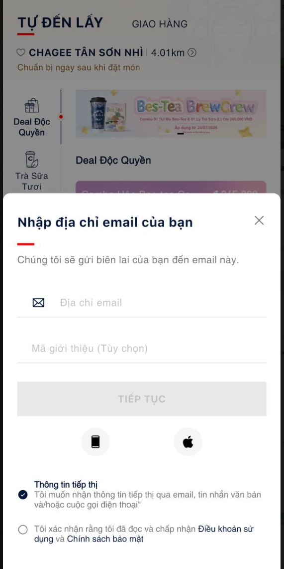 Menu tự đến lấy - gợi ý đăng nhập bằng email khi nhấn trái tim
