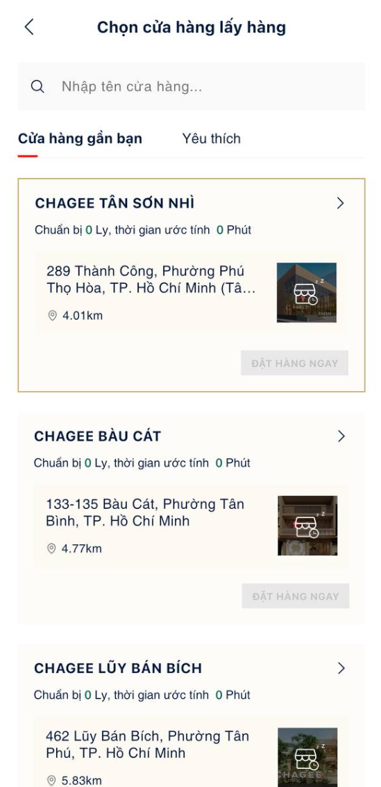 Chọn cửa hàng lấy hàng - đầu danh sách