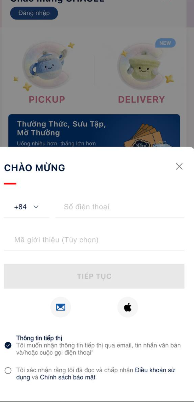 CHAGEE - Voucher gợi ý đăng nhập bằng SĐT