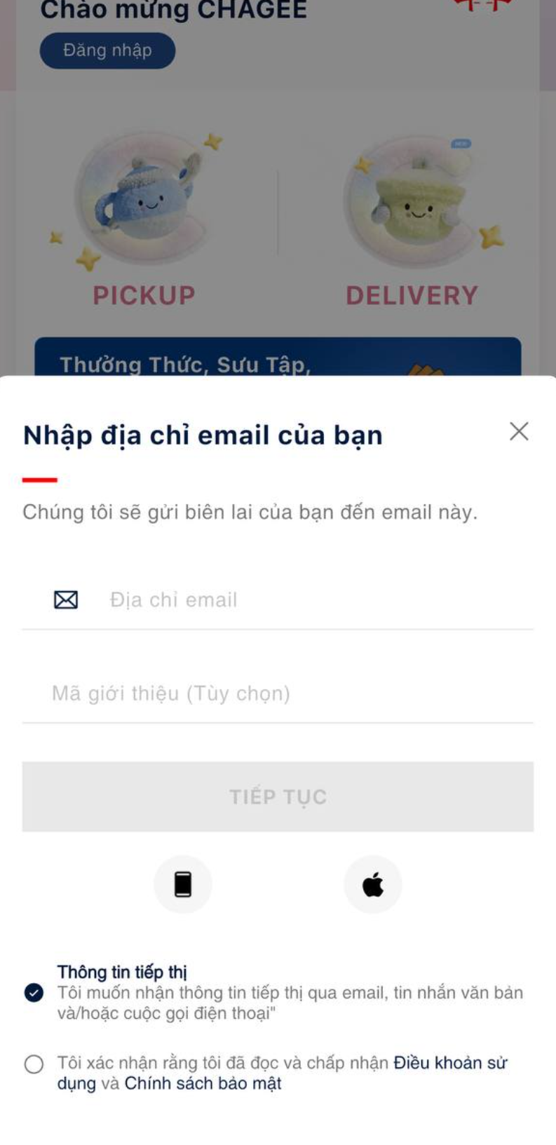 CHAGEE - Voucher gợi ý đăng nhập bằng email
