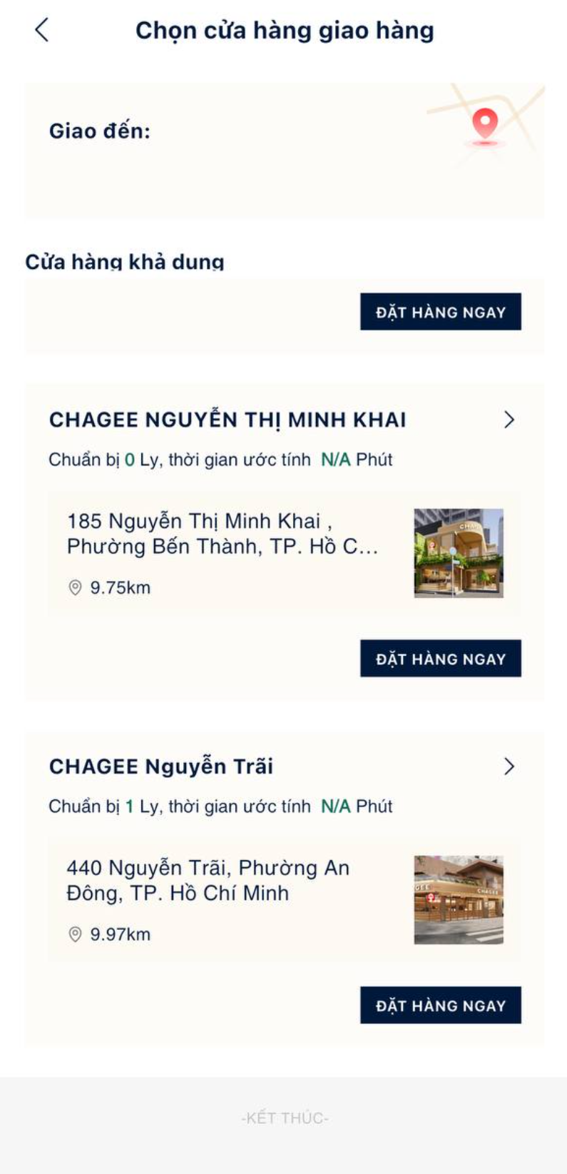 Chọn cửa hàng giao hàng - kéo hết danh sách