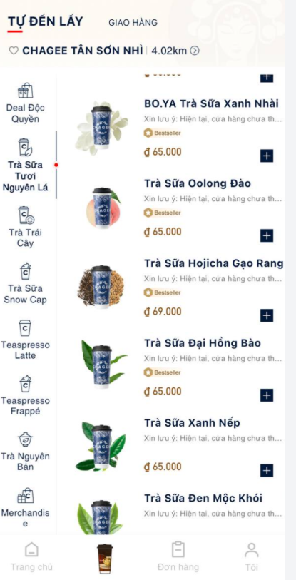 CHAGEE - danh sách sản phẩm Trà Sữa Tươi Nguyên Lá