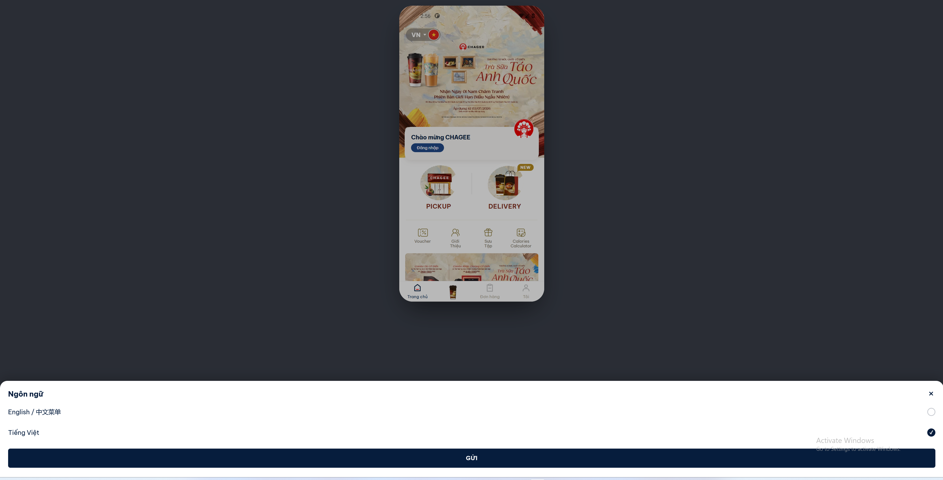 App test - sheet ngôn ngữ trên Trang chủ