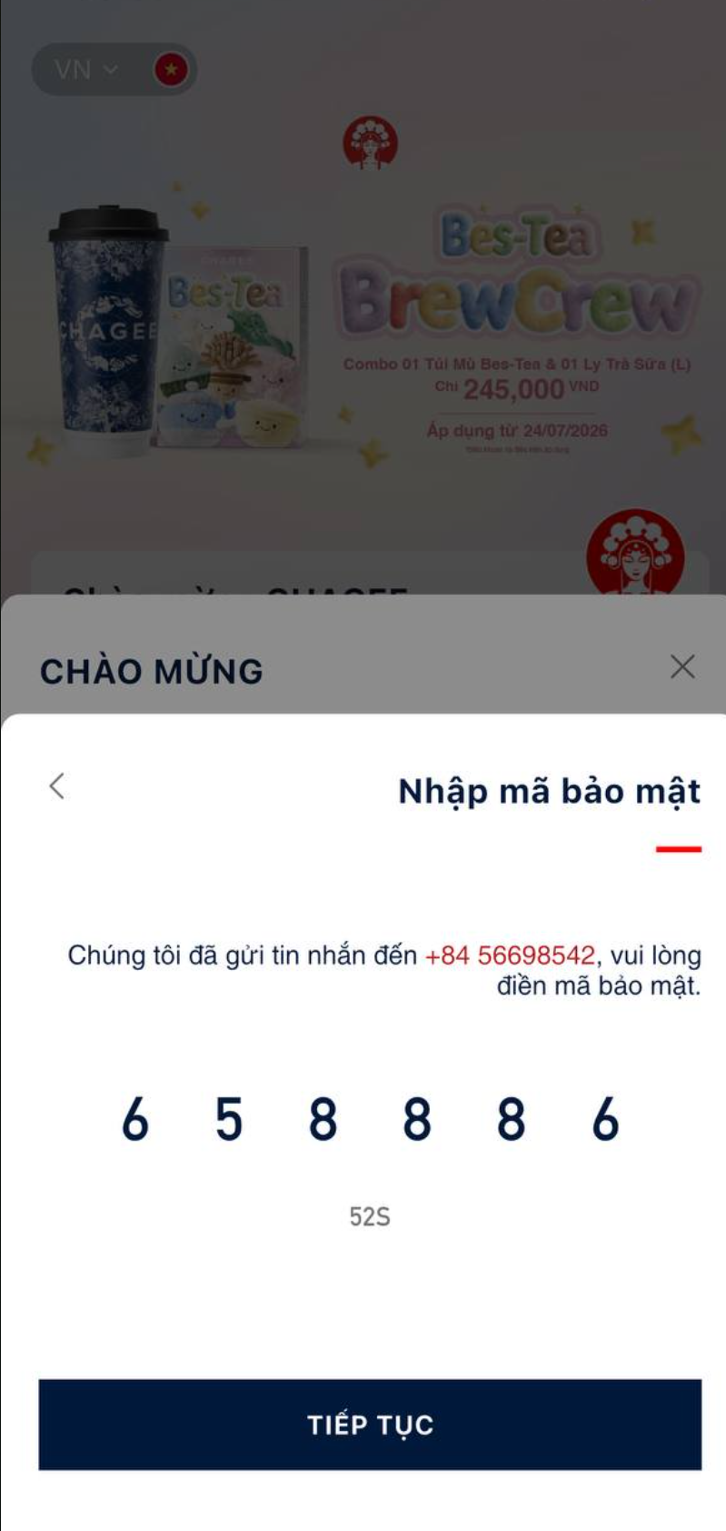 CHAGEE - sheet nhập mã bảo mật
