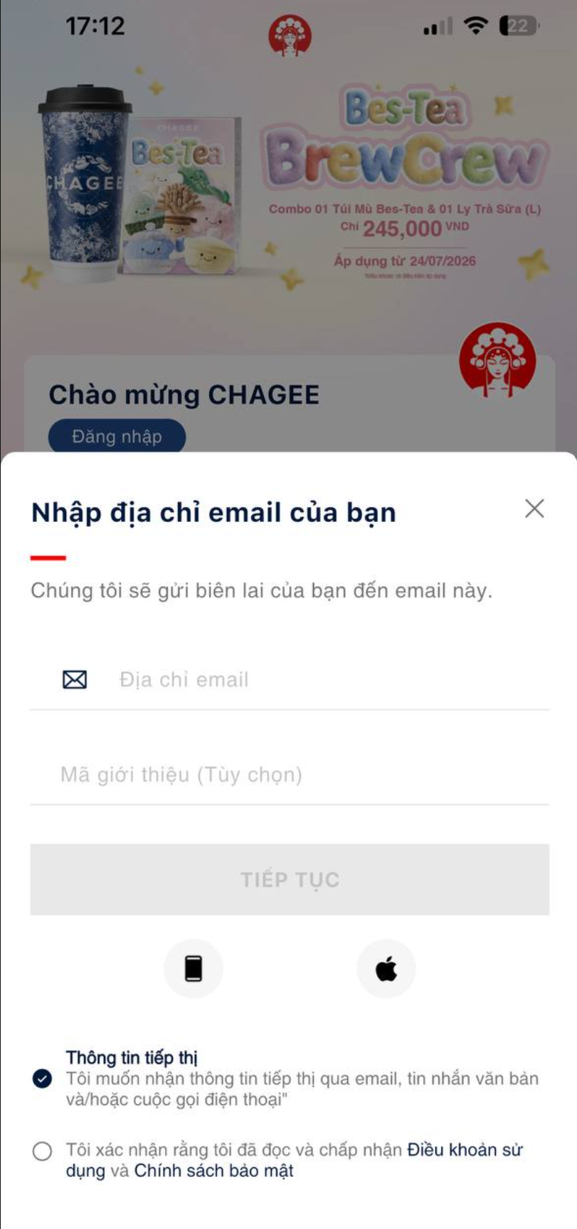 Nhấn icon đại diện trên Trang chủ - gợi ý đăng nhập email