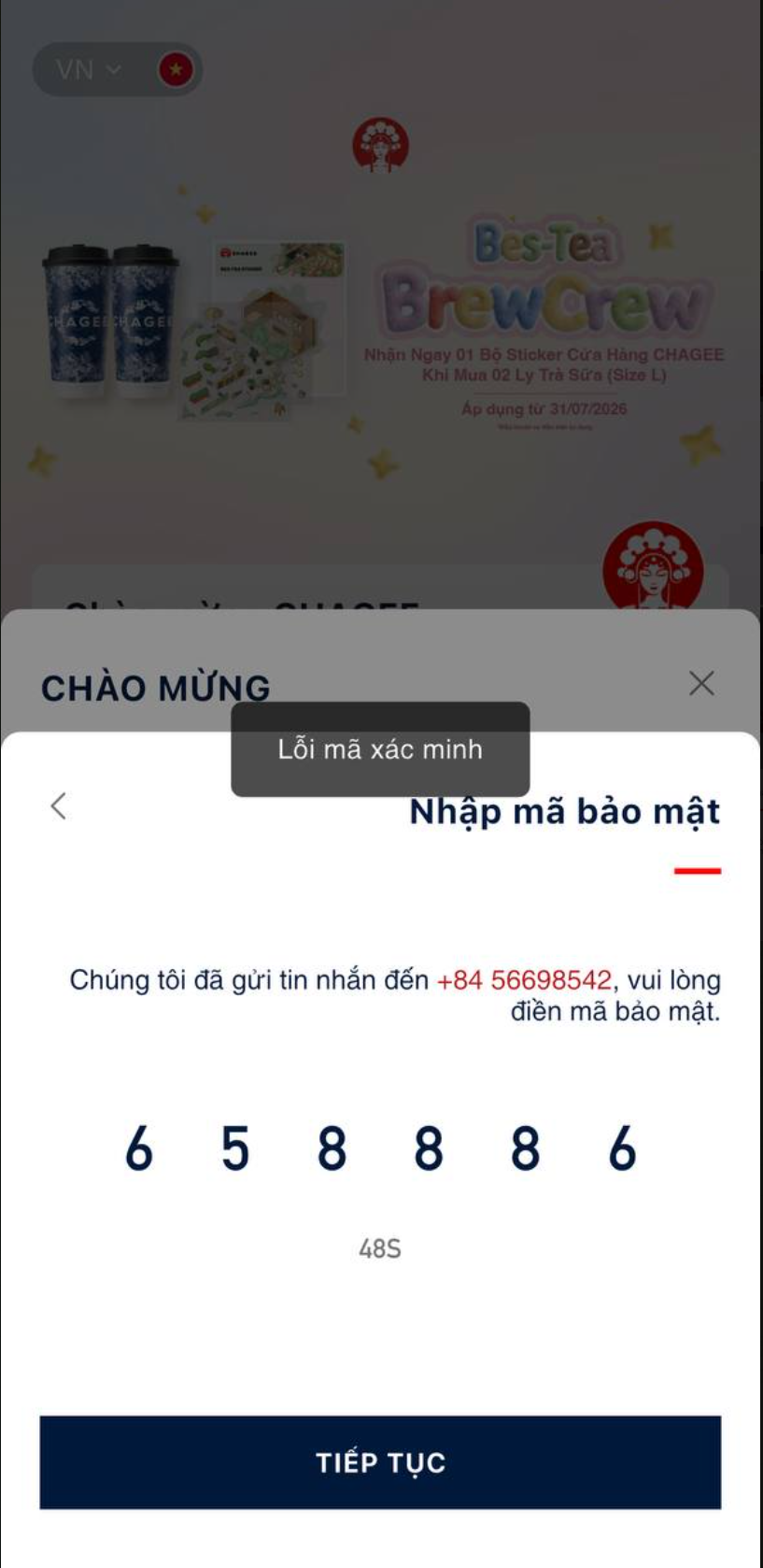 CHAGEE - lỗi mã xác minh