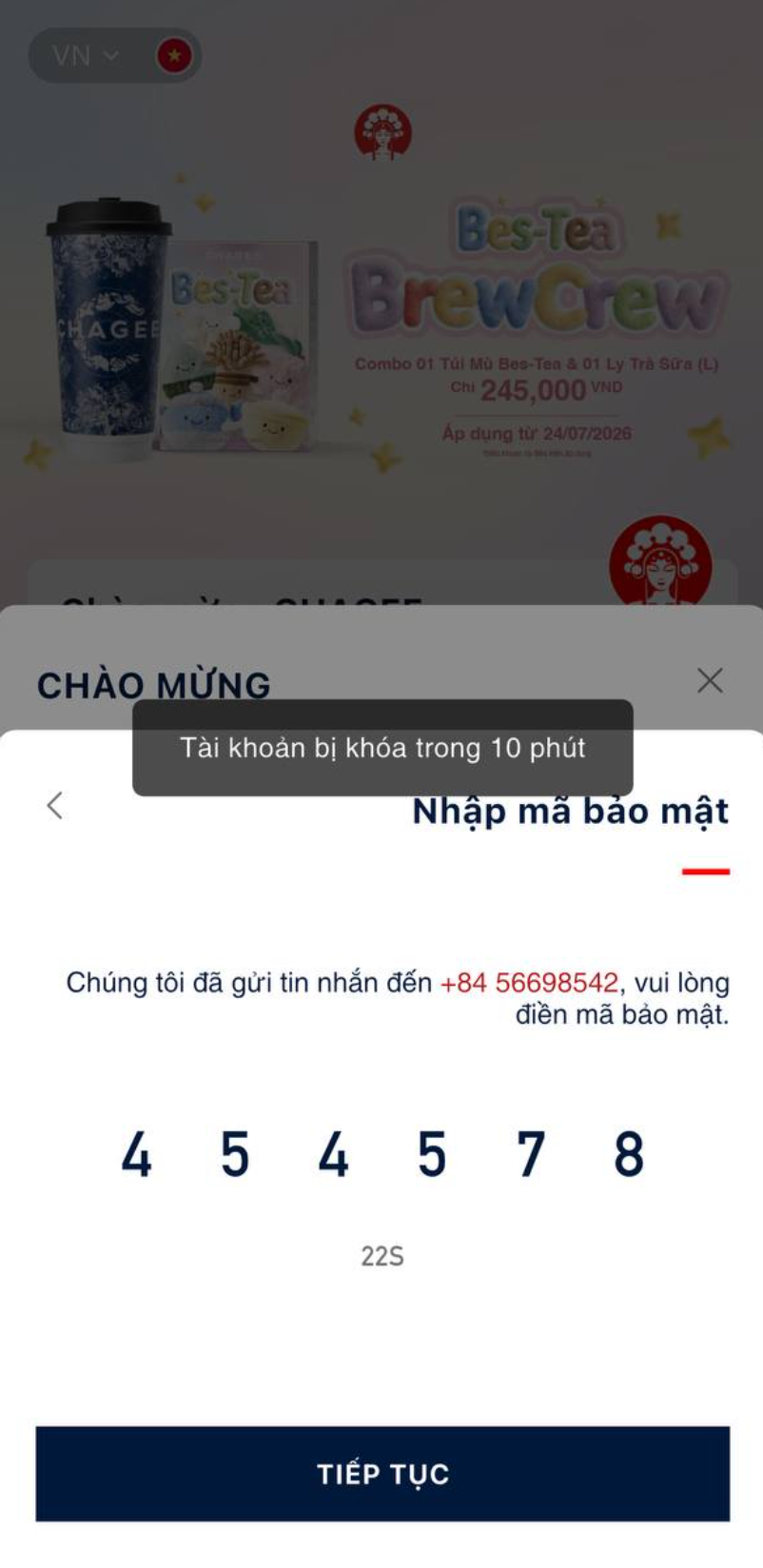 Đăng nhập - tài khoản bị khóa trong 10 phút sau khi nhập sai OTP nhiều lần