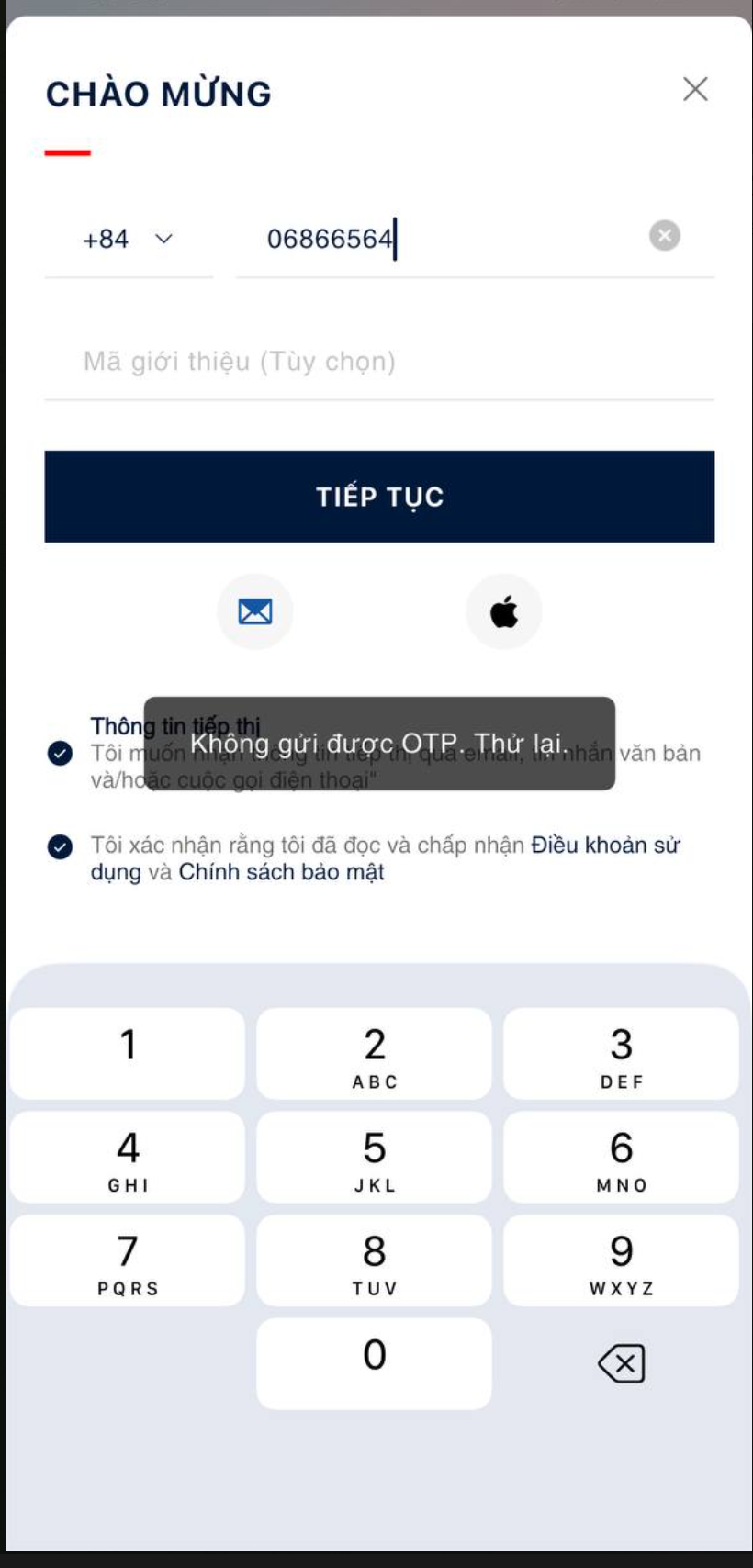Đăng nhập - nhập số khác nhưng báo không gửi được OTP