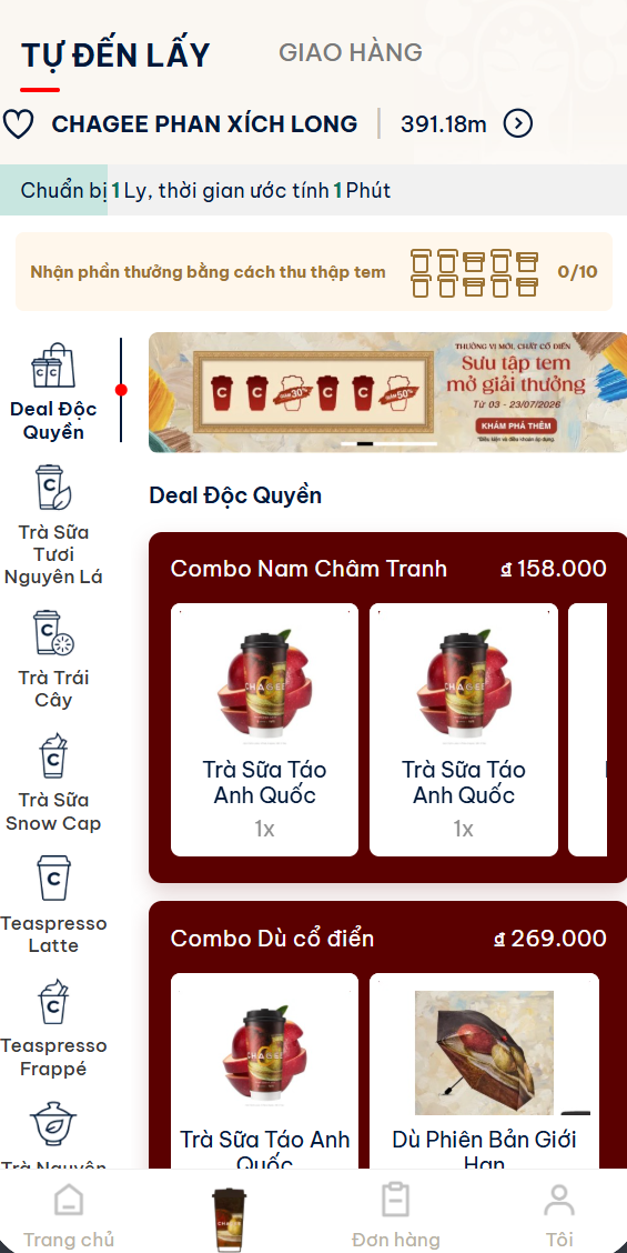 Login - nhấn icon đại diện trên Trang chủ điều hướng sang menu đồ uống