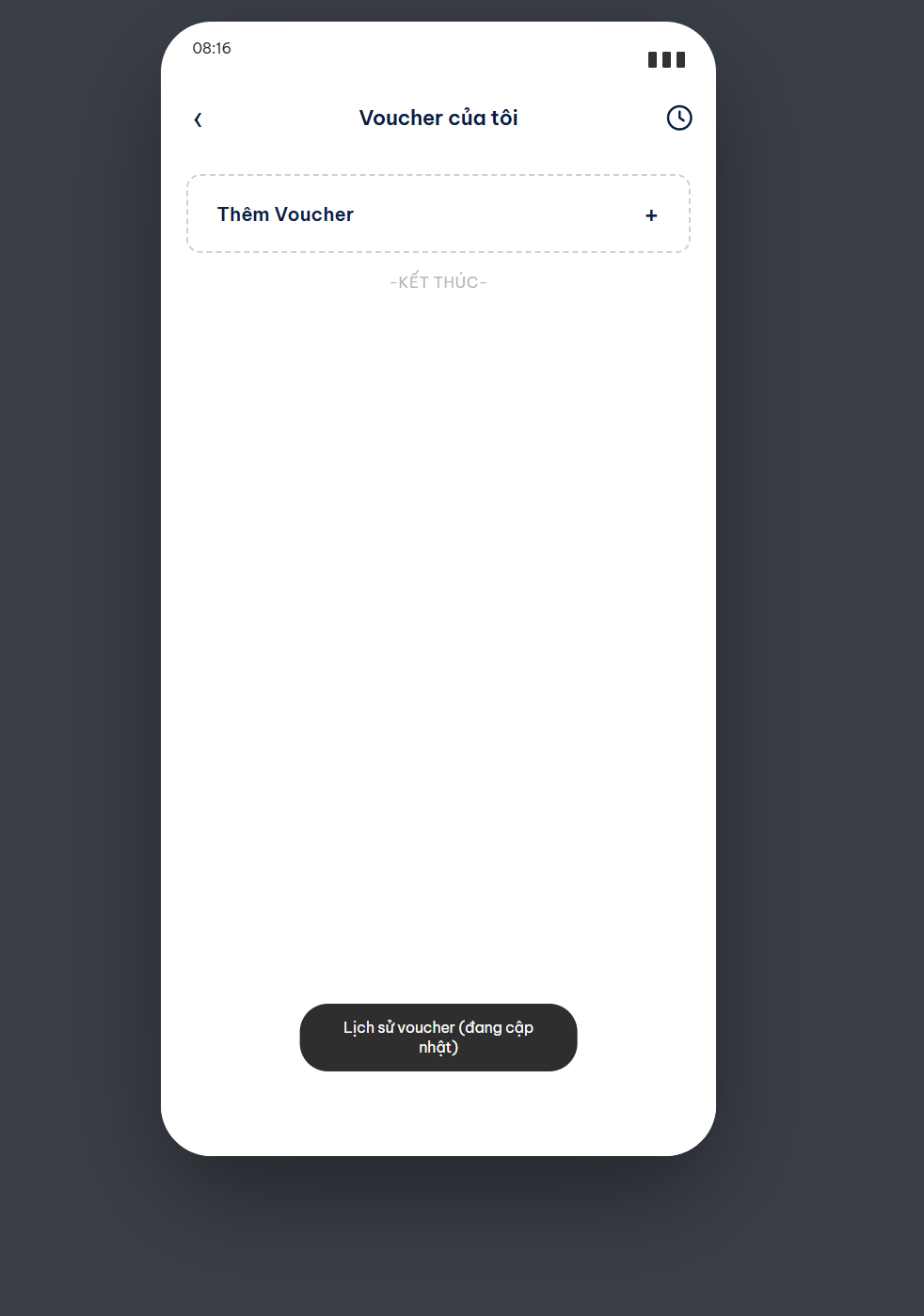 Login - nhấn icon đồng hồ voucher chỉ hiện đang cập nhật
