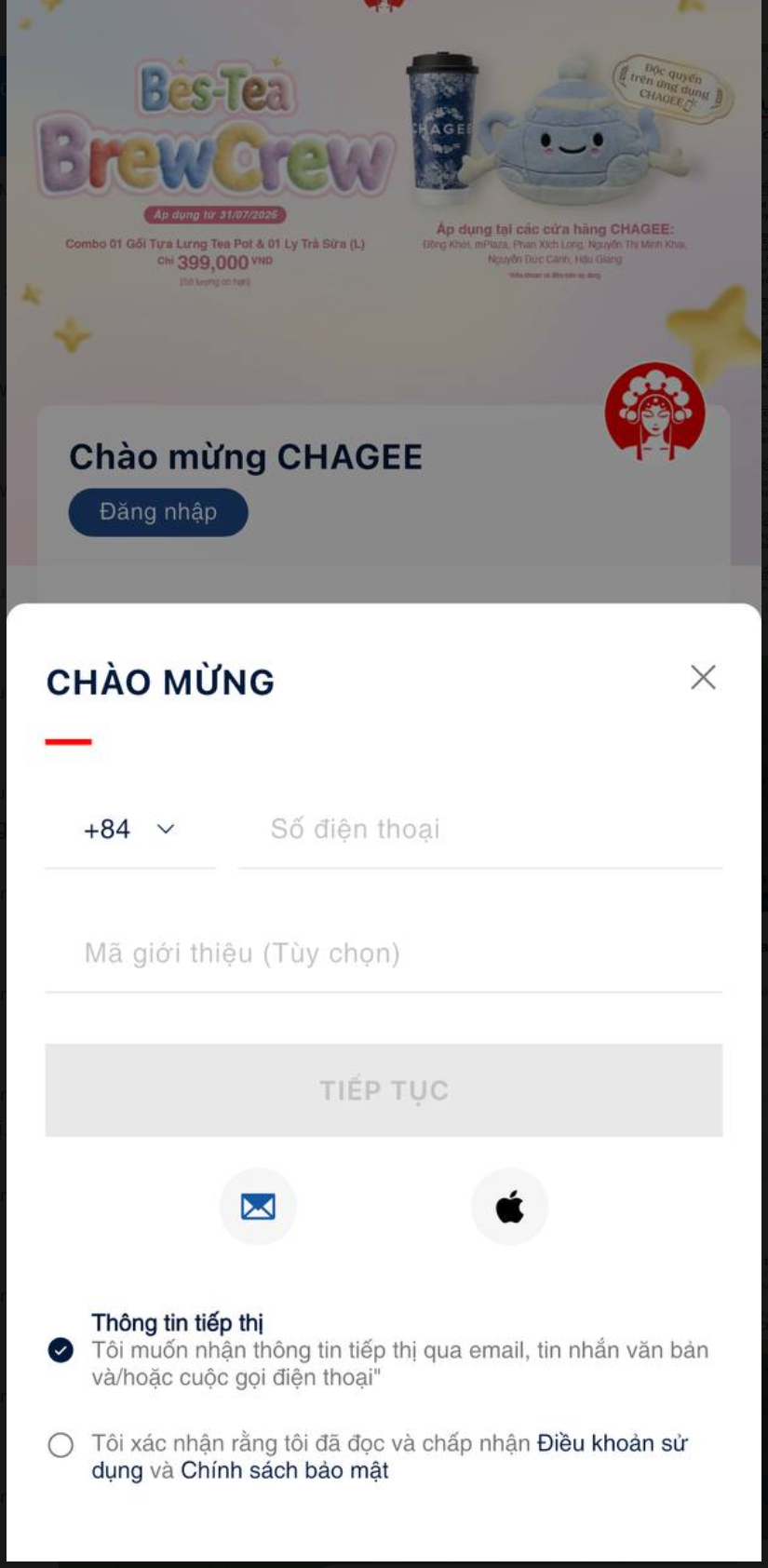 CHAGEE - gợi ý đăng nhập bằng SĐT