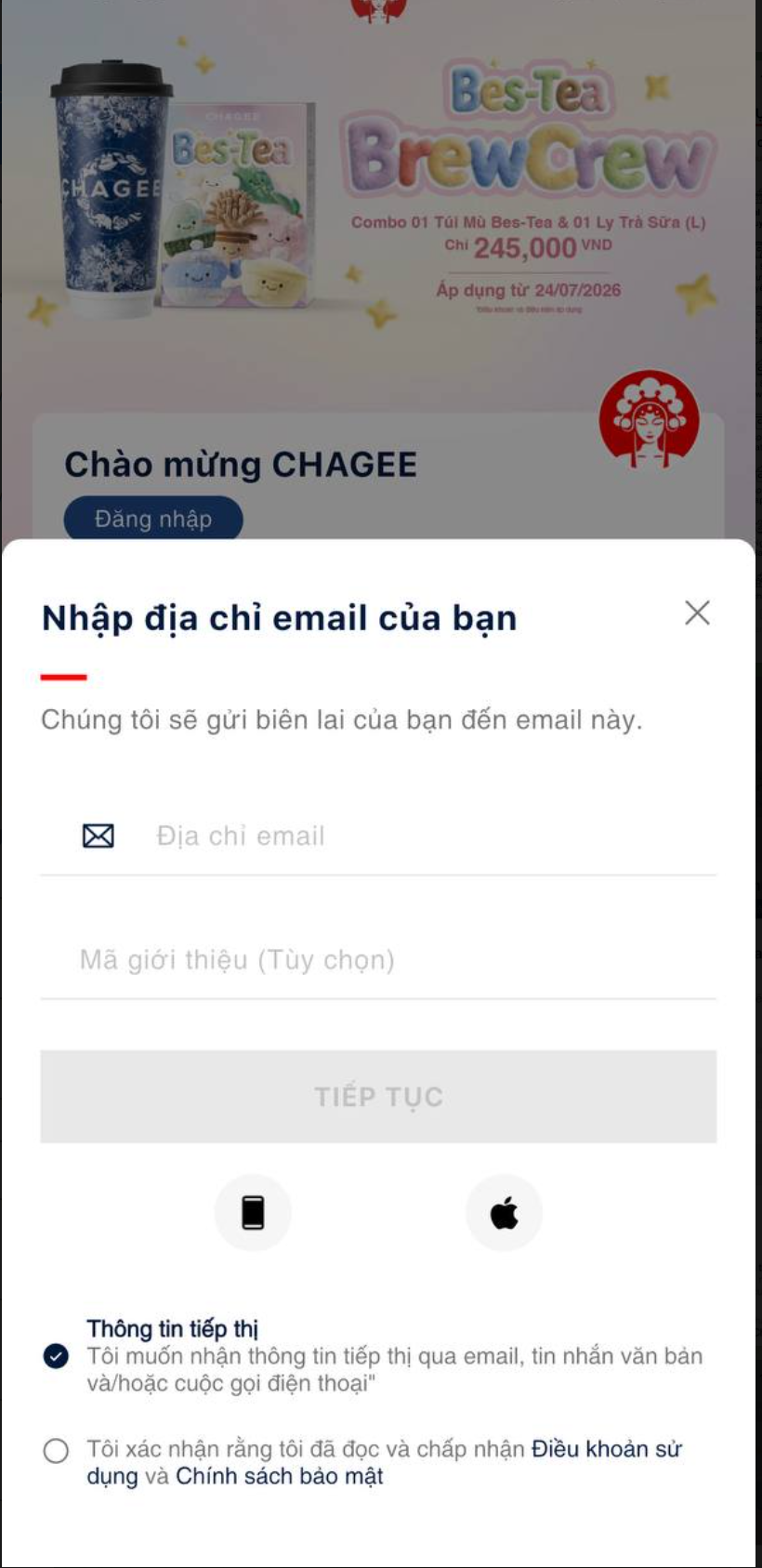 CHAGEE - gợi ý đăng nhập bằng email