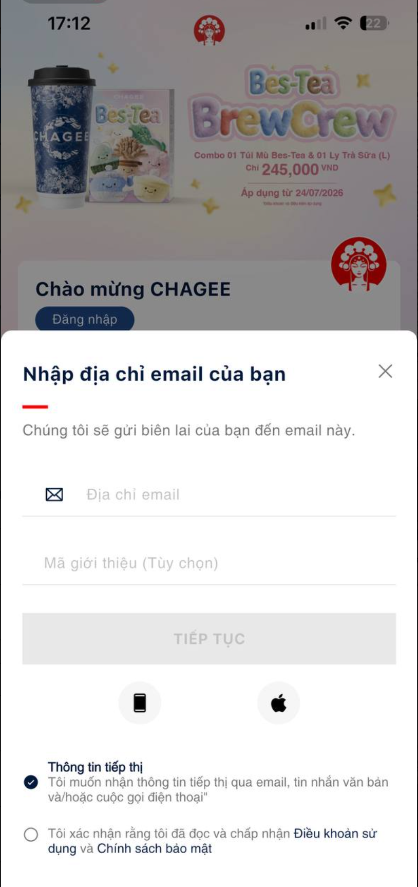 Nhấn icon ảnh đại diện trên Trang chủ - gợi ý đăng nhập email
